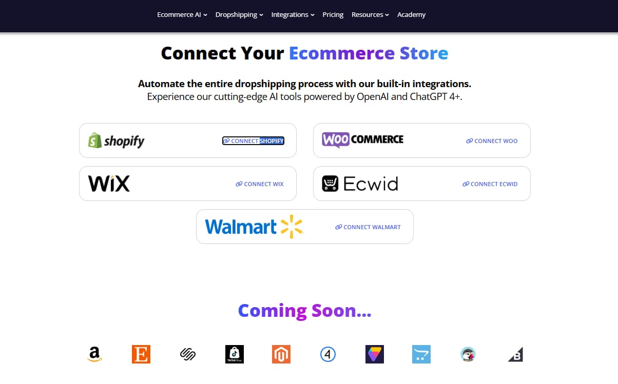 AppScenic store integrations Shopify WooCommerce Wix Ecwid Walmart