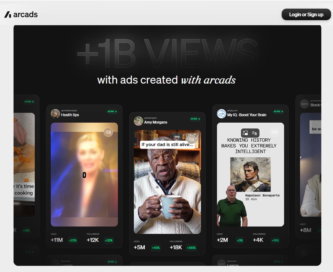 Arcads ad examples showing AI video ads created with Arcads and performance-style creative samples