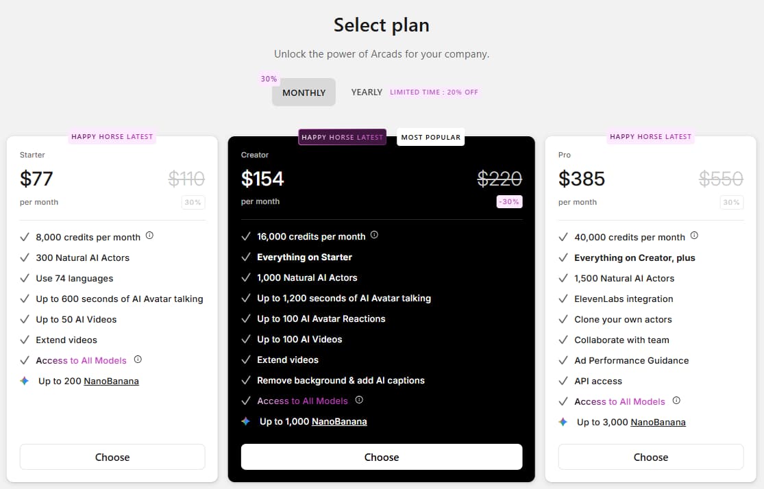 Arcads pricing plans and features