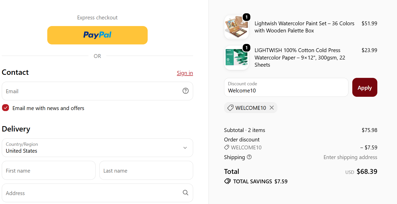 Lightwish discount code Welcome10 10% off checkout proof