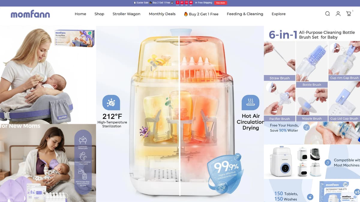 Momfann feeding and cleaning product collage featuring a nursing pillow, baby bottle washer, bottle brush set, breastfeeding kit, and detergent tablets.