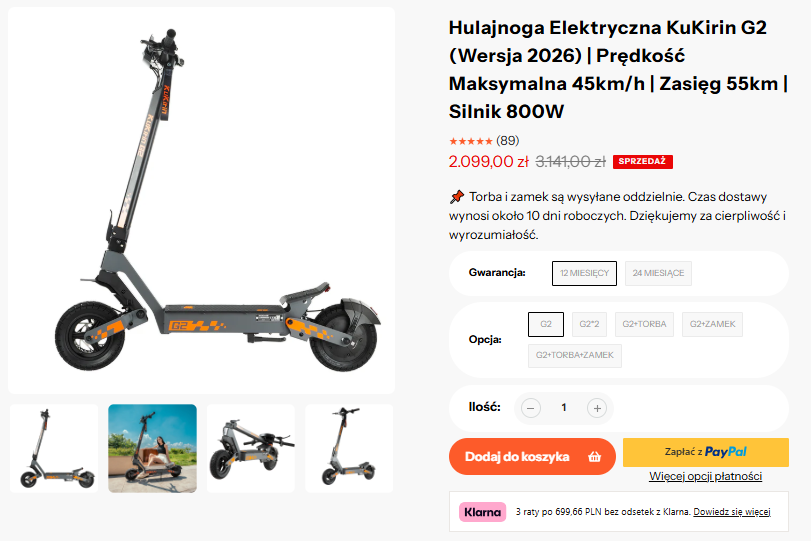 KuKirin G2 2026 product page showing a sale price of 2,099 PLN compared with 3,141 PLN