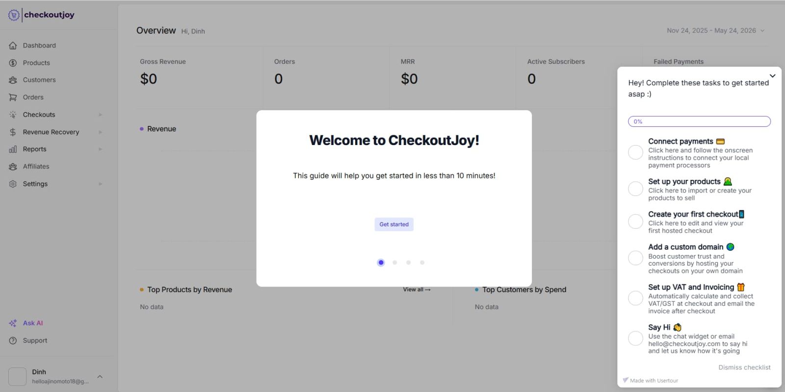 CheckoutJoy dashboard onboarding checklist for payments products checkouts custom domain VAT and invoicing