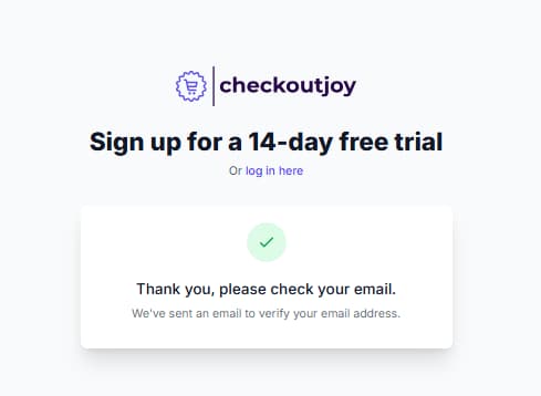 CheckoutJoy 14 day free trial email verification screen
