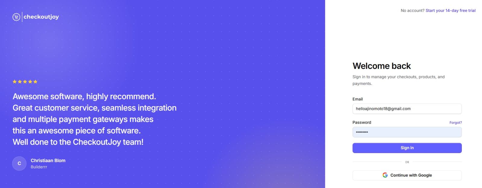 CheckoutJoy login screen showing account access after free trial signup