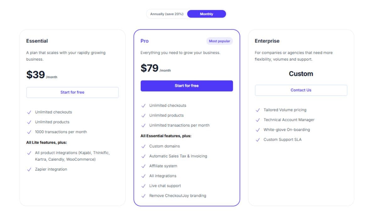 CheckoutJoy monthly pricing Essential Pro Enterprise 14 day free trial