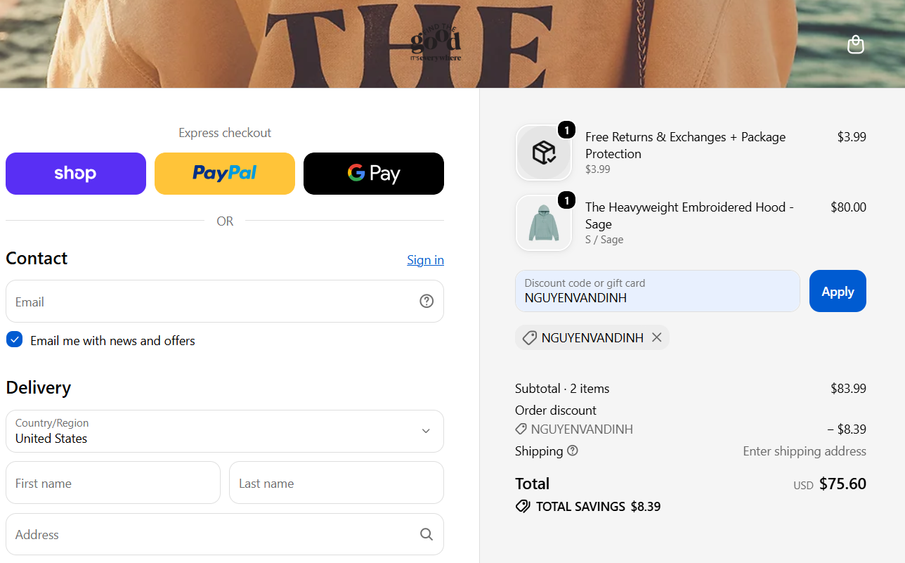 Find The Good discount code NGUYENVANDINH 10% off checkout proof