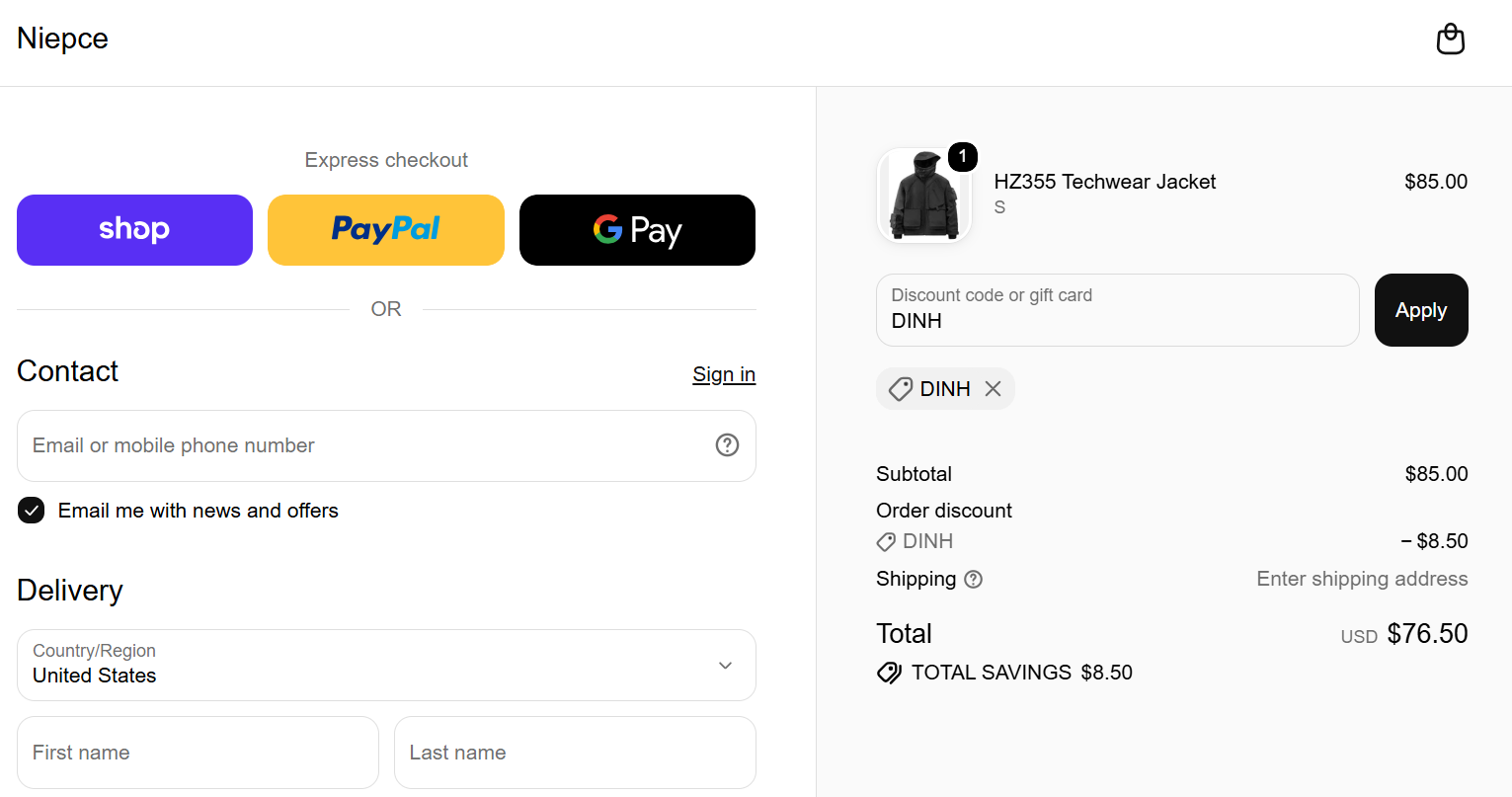 Niepce Inc discount code DINH 10% off checkout proof