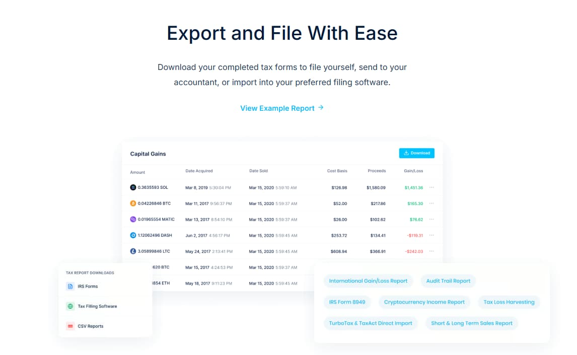 CoinLedger tax software exports to TurboTax TaxAct H&R Block TaxSlayer and accountant workflow