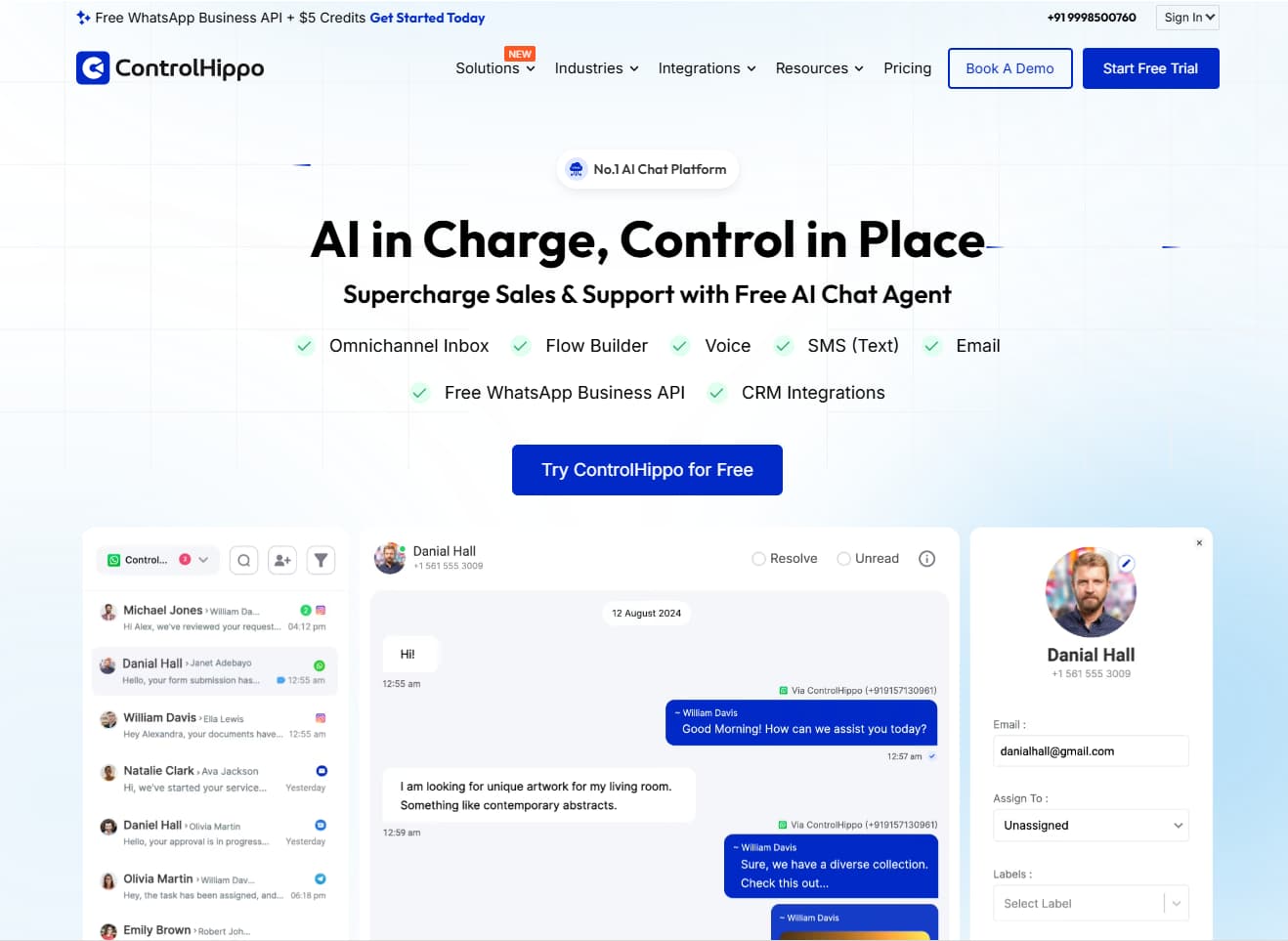 ControlHippo official homepage AI omnichannel inbox for sales support and customer communication