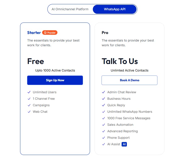 ControlHippo WhatsApp API pricing Starter Free Pro Talk To Us