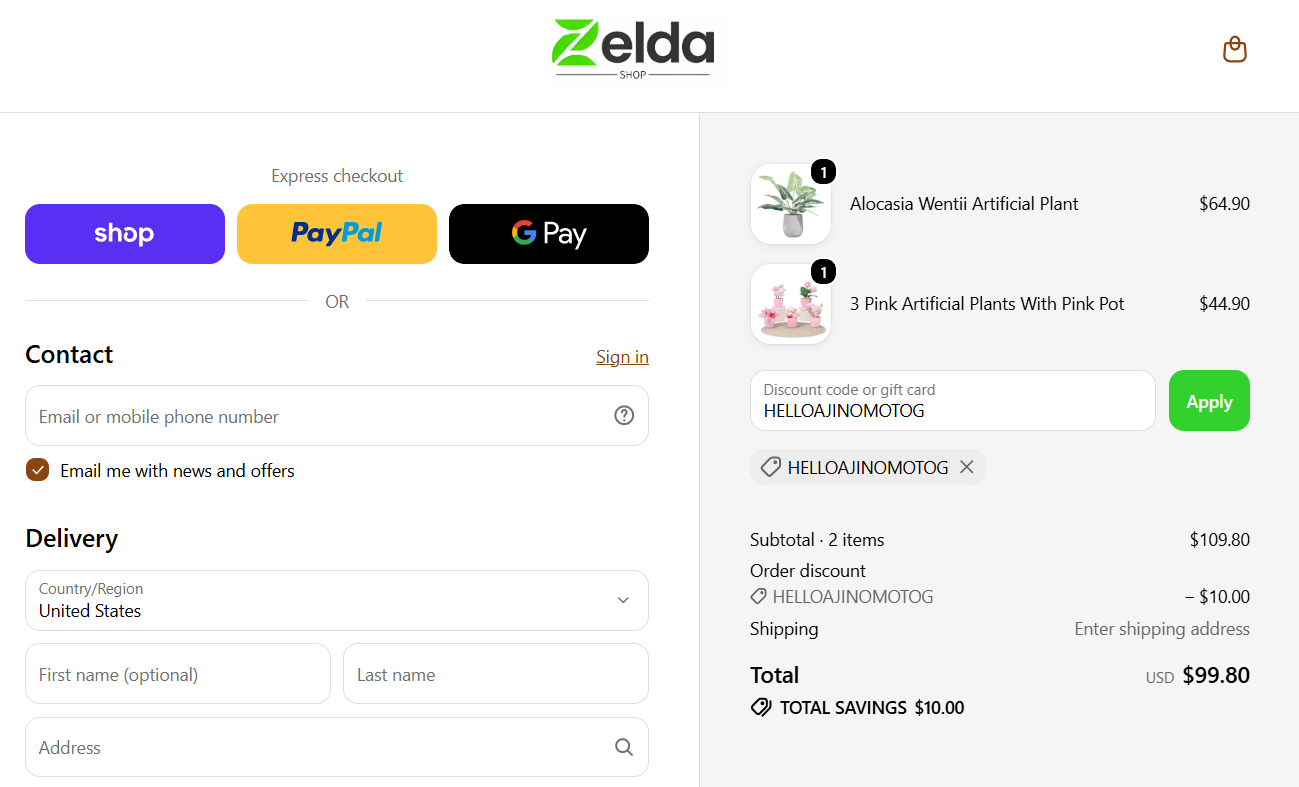 Zelda Shop discount code HELLOAJINOMOTOG $10 off checkout proof