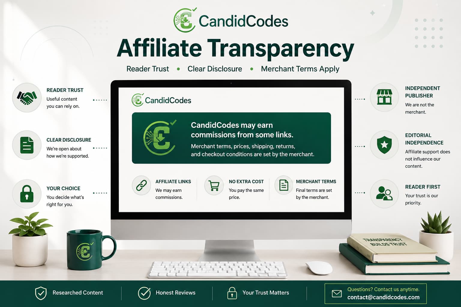 CandidCodes disclosure policy visual showing affiliate transparency, reader trust, and merchant terms