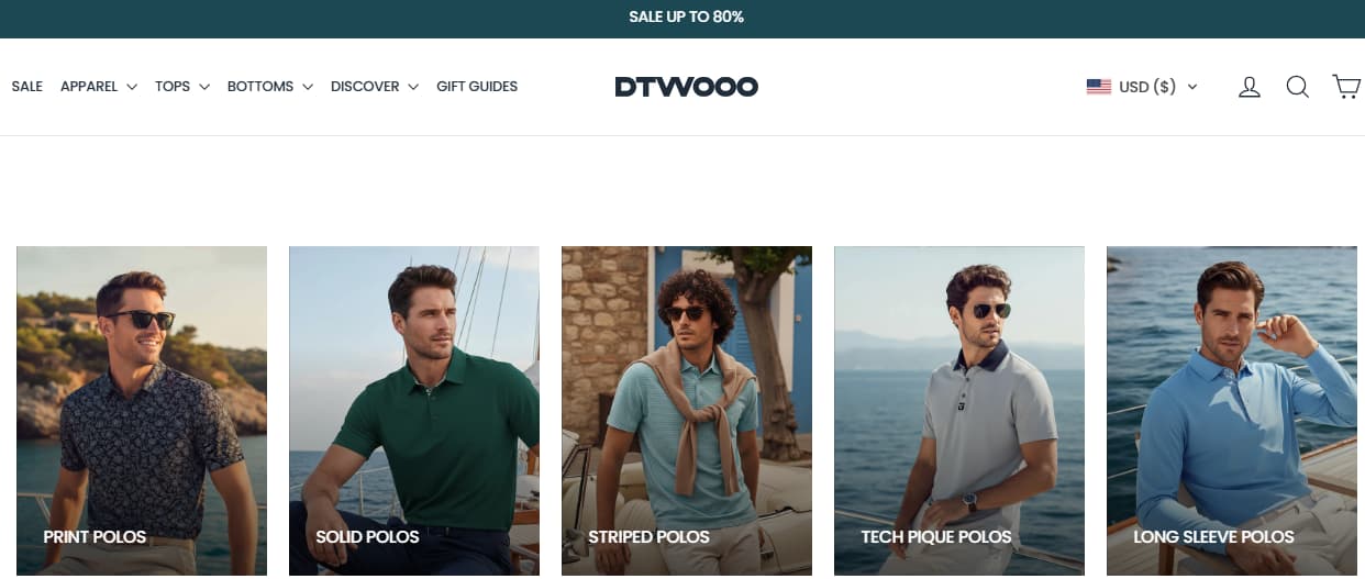 DTWOOO polo category showing golf shirt styles