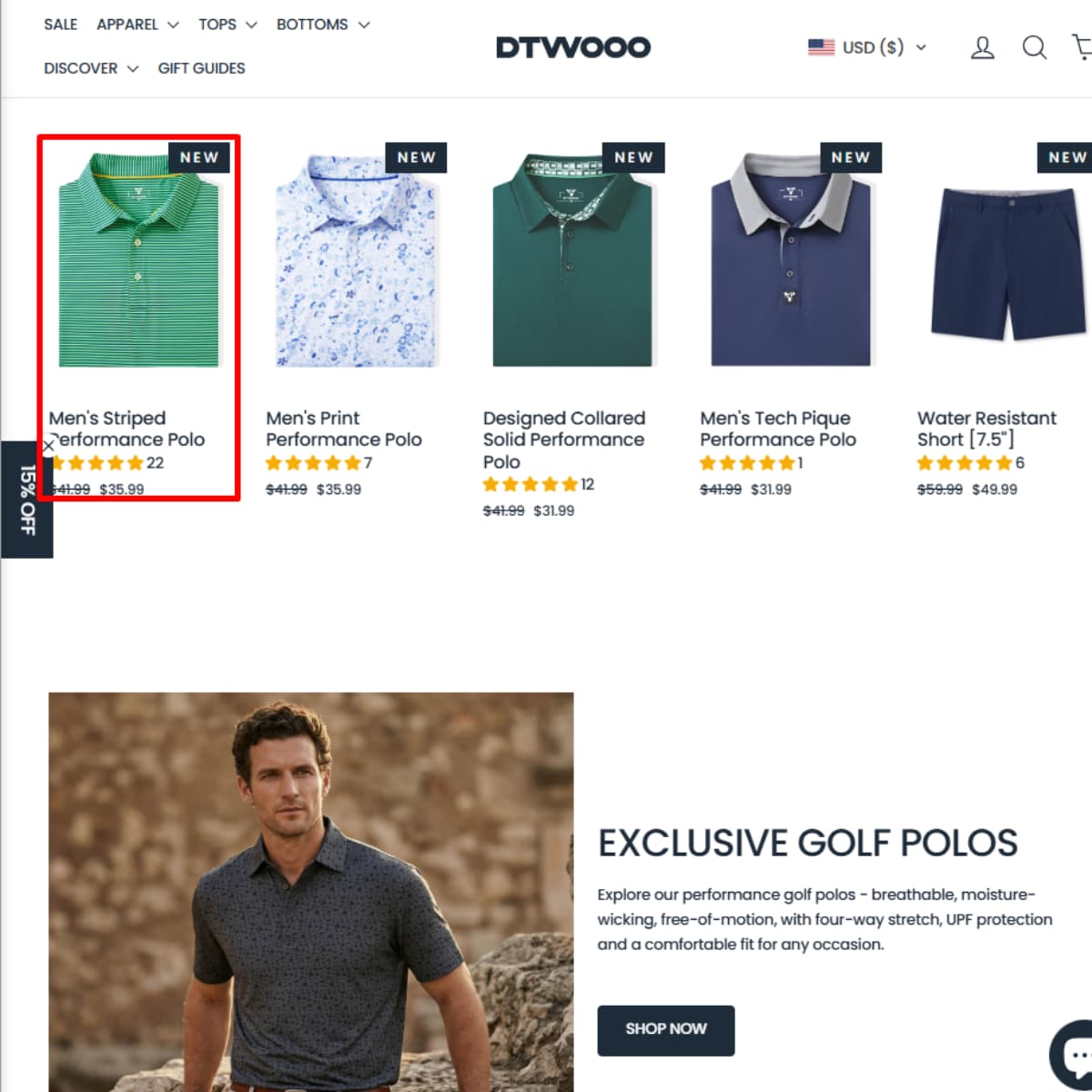 DTWOOO product page showing selected Men’s Striped Performance Polo