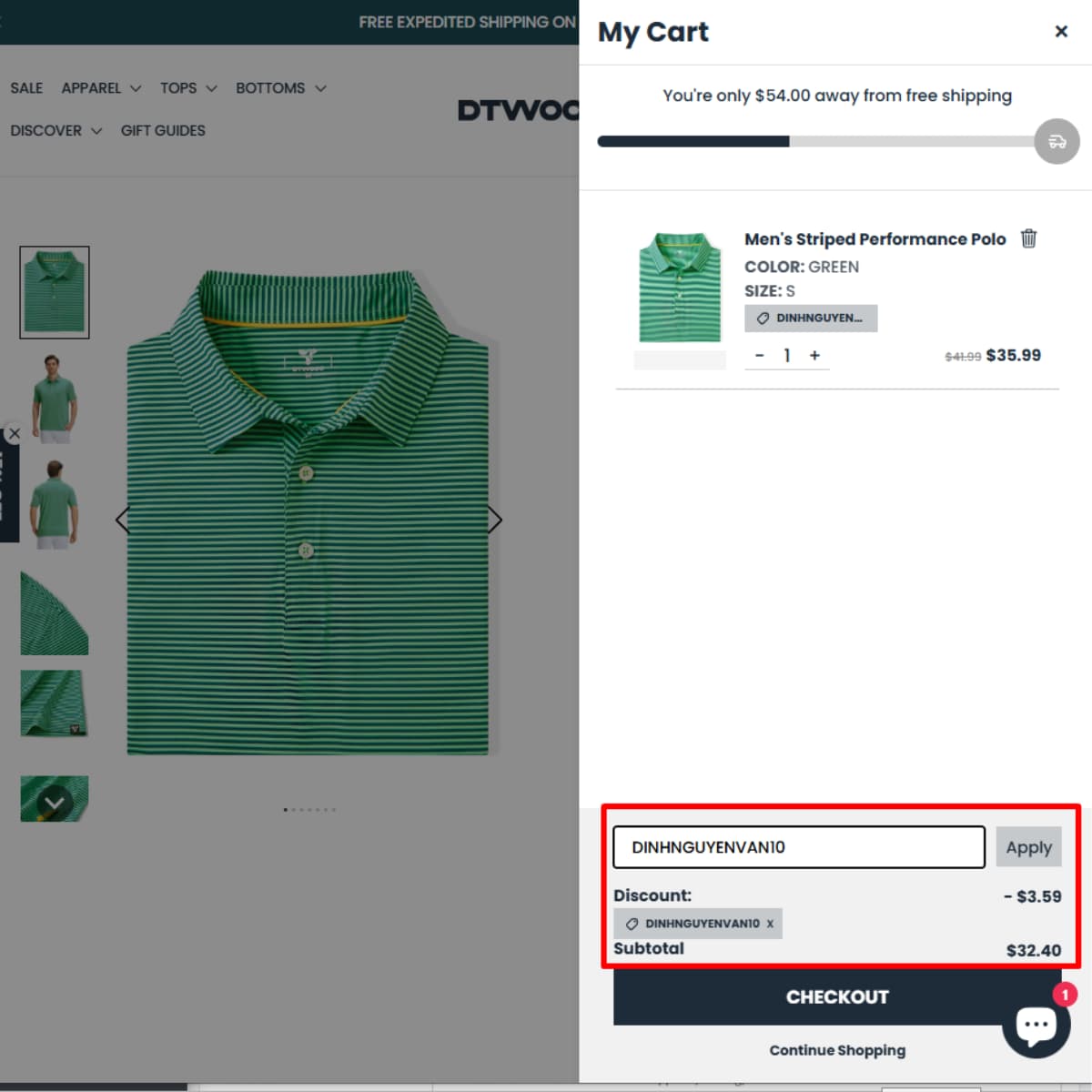 DTWOOO cart showing DINHNGUYENVAN10 coupon code applied