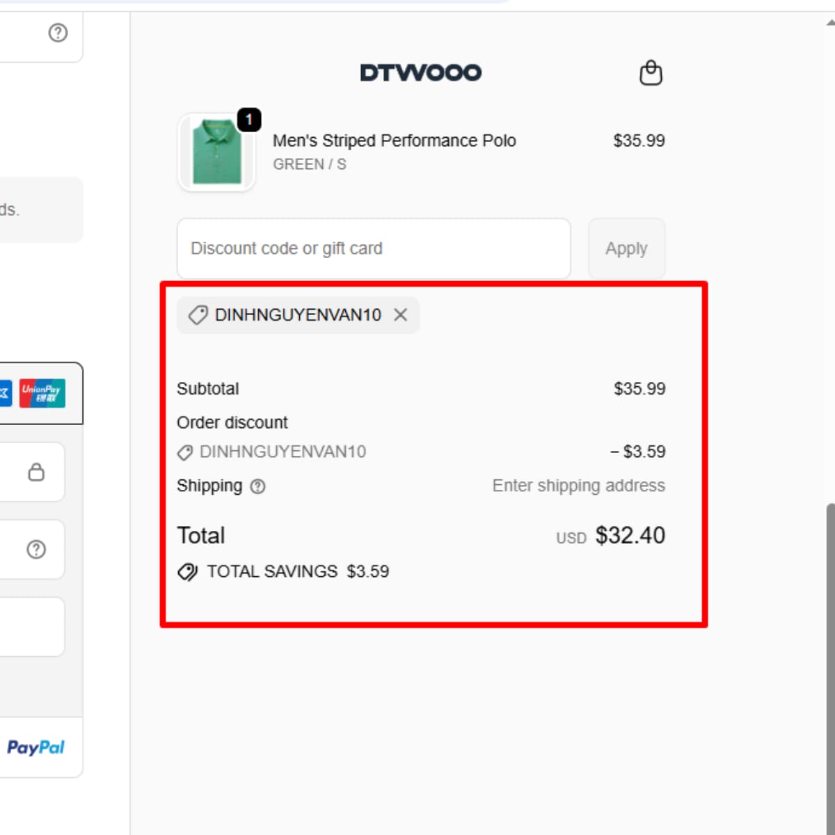 DTWOOO checkout showing DINHNGUYENVAN10 discount and final example total