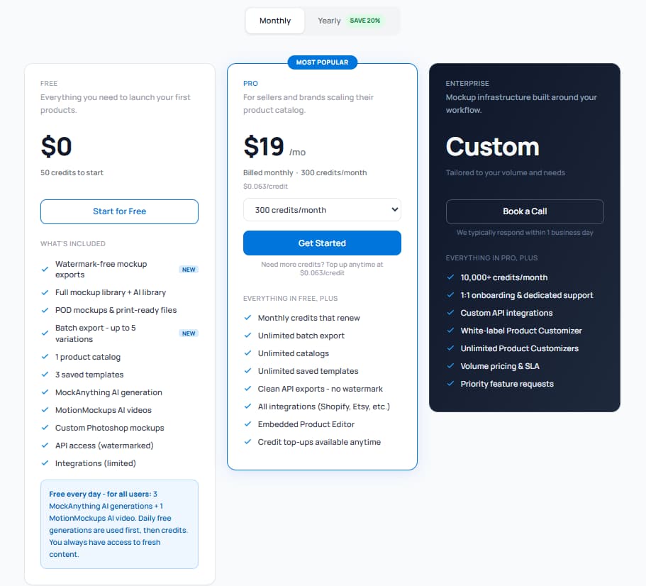 Dynamic Mockups monthly pricing Free Pro Enterprise 2026