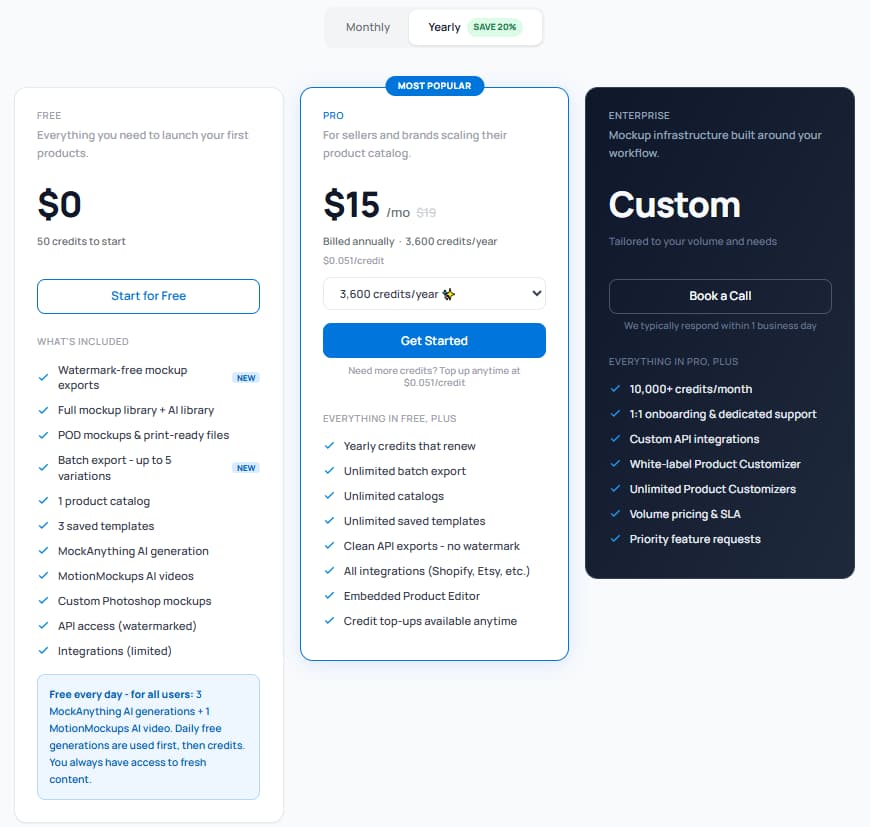 Dynamic Mockups pricing Free Pro Enterprise monthly and yearly plans