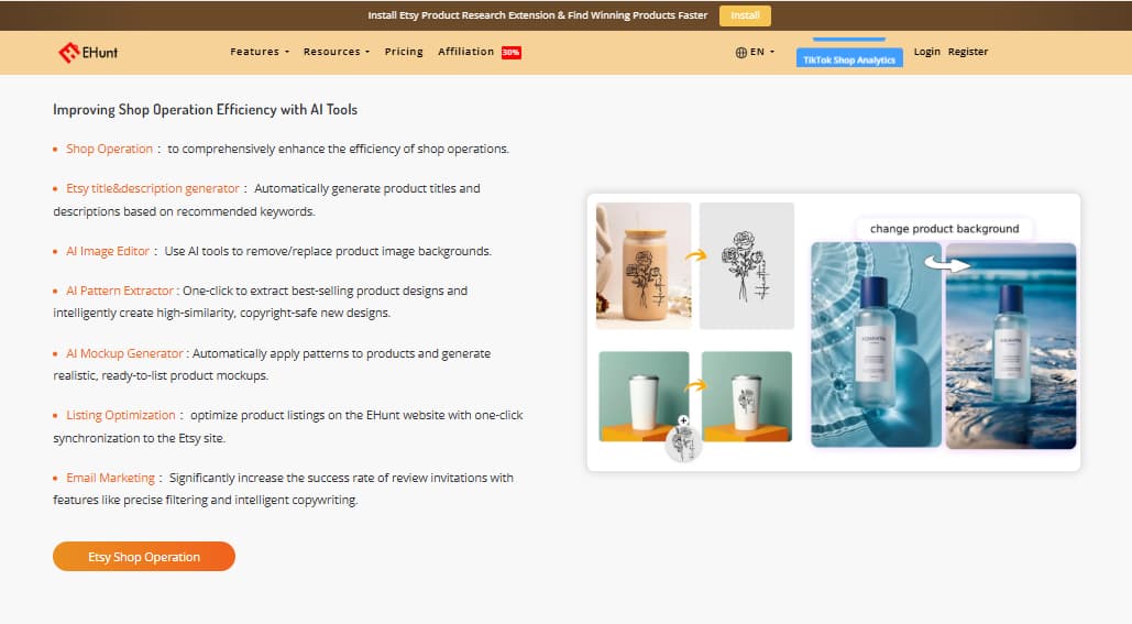 EHunt AI shop operation listing optimization title description generator image editor pattern extractor and mockup generator
