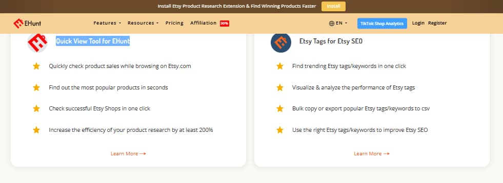 EHunt Chrome extension Etsy rank tool tags tool fee calculator and seller productivity tools