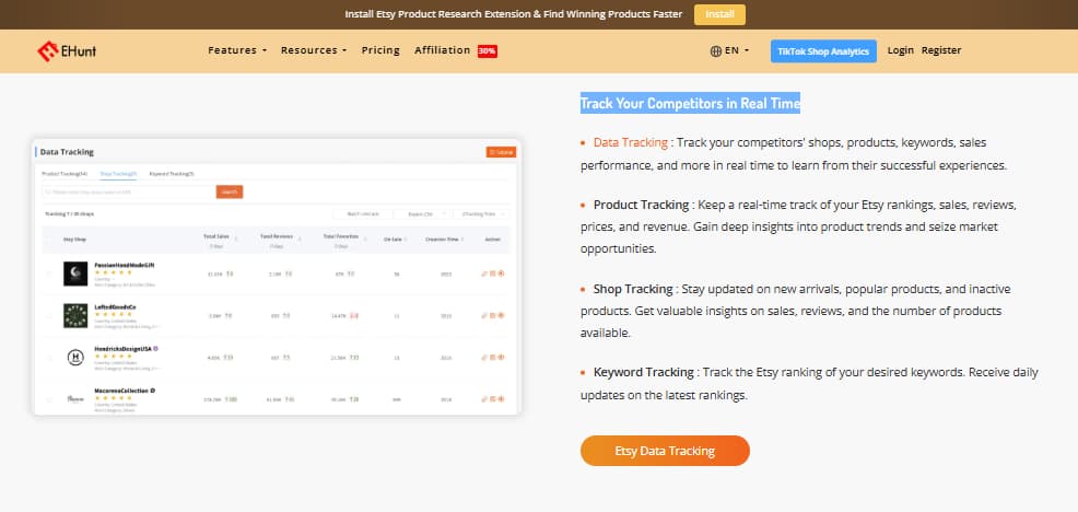 EHunt competitor tracking real time Etsy shop product keyword ranking sales reviews and price monitoring