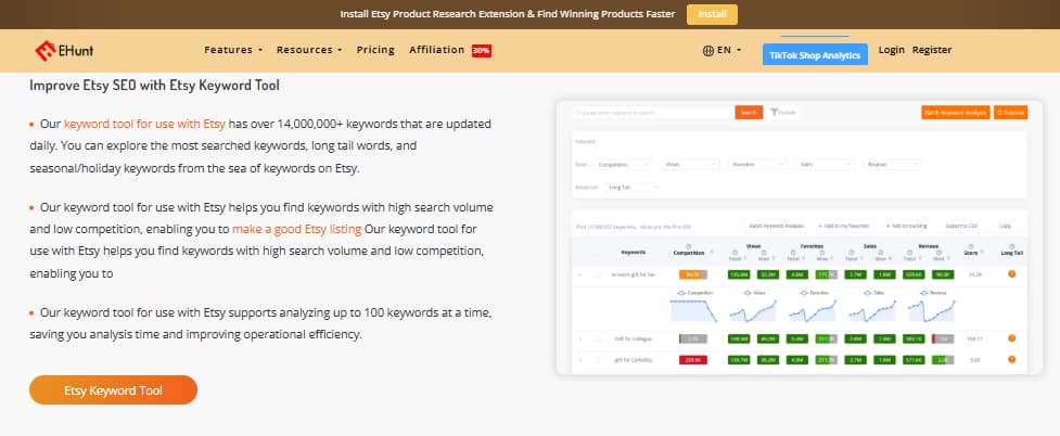 EHunt Etsy keyword research tool tags long tail keywords search volume and competition analysis