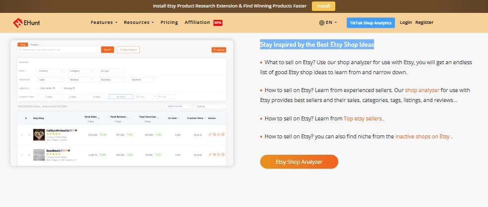 EHunt Etsy shop analyzer top sellers shop research tags listings sales reviews and competitor insights