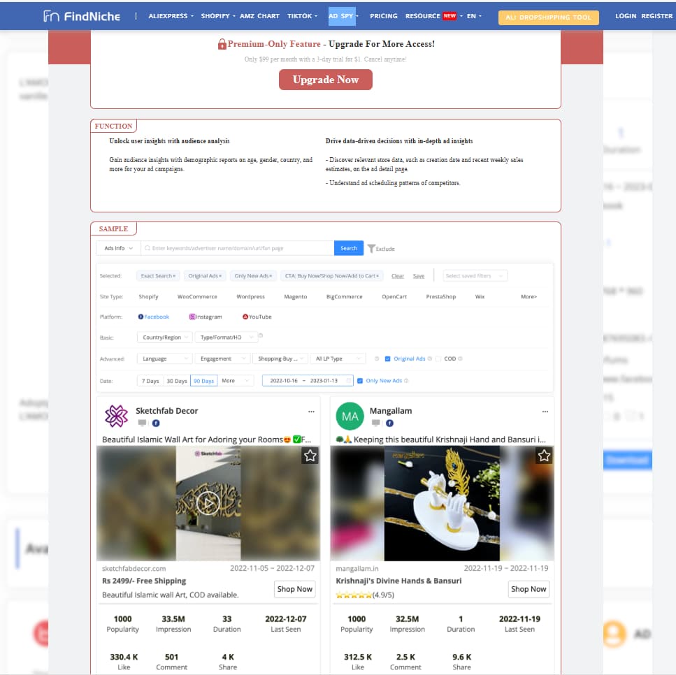 FindNiche AdSpy premium feature preview for ecommerce ad research