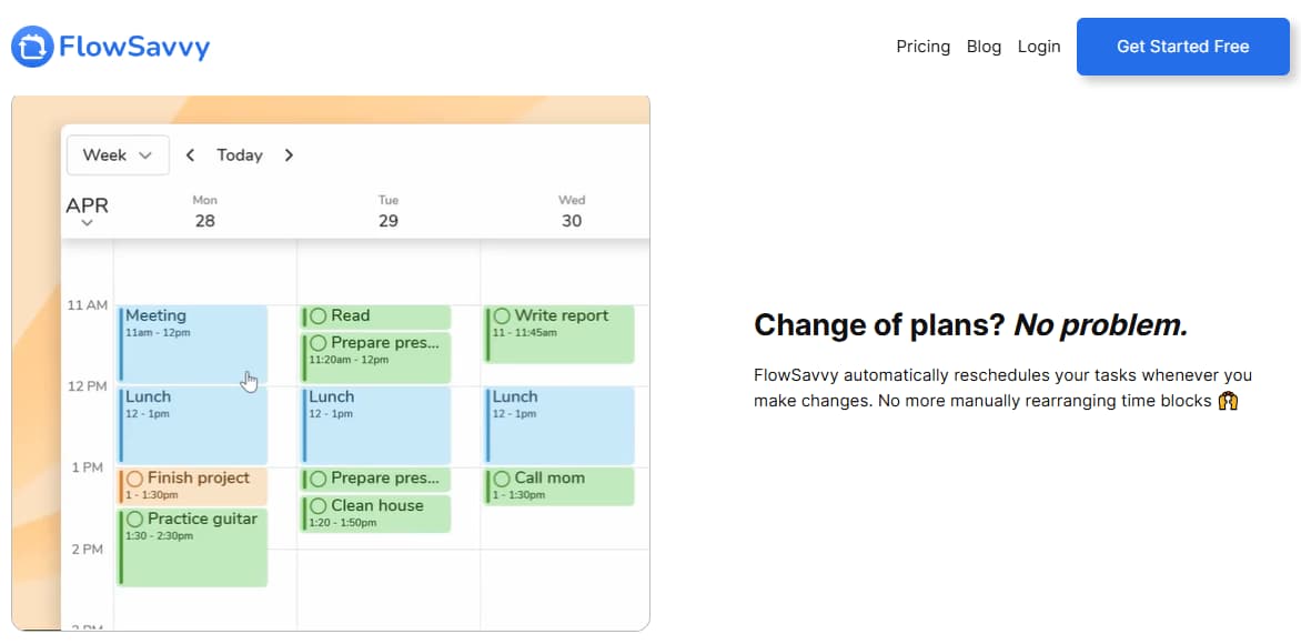 FlowSavvy automatic rescheduling when calendar plans change