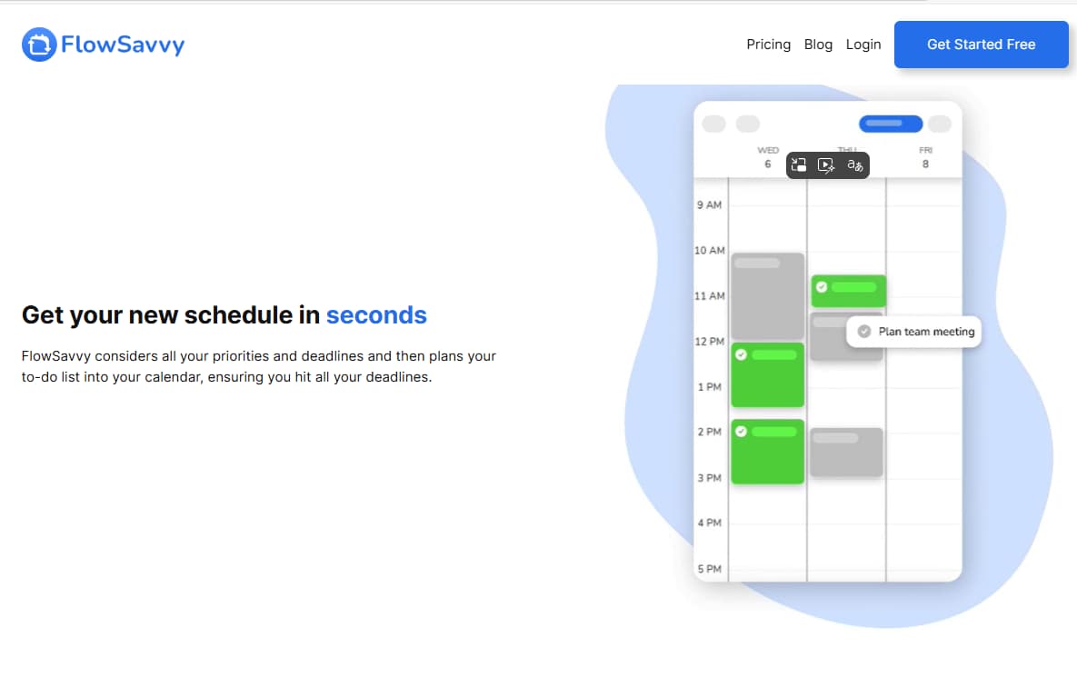 FlowSavvy AI auto scheduling tasks into calendar time blocks