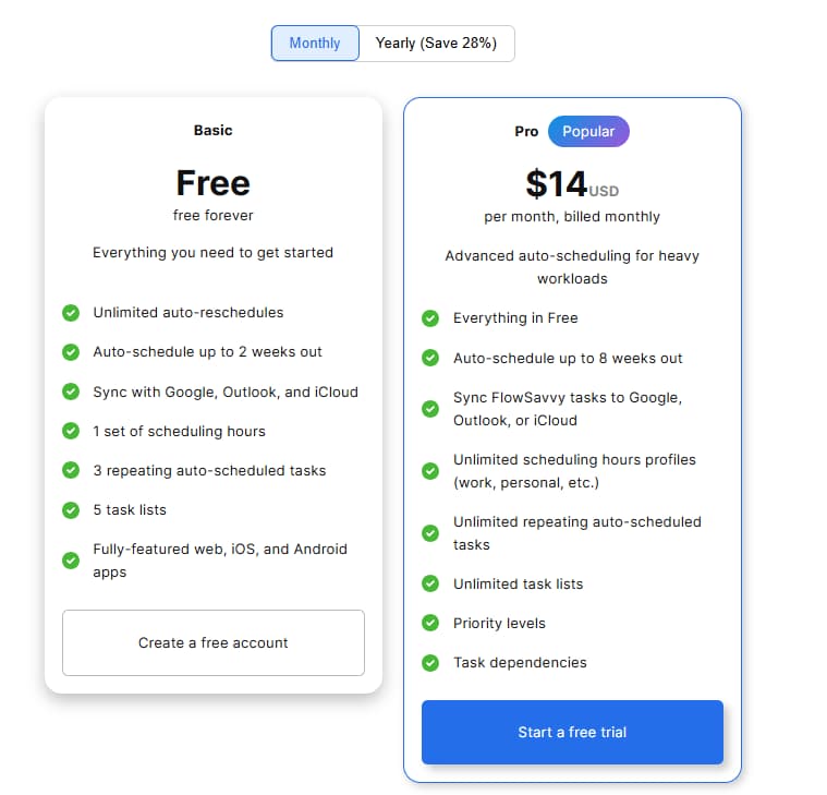 FlowSavvy pricing 2026 Free and Pro monthly yearly plans auto scheduling calendar sync and task dependencies