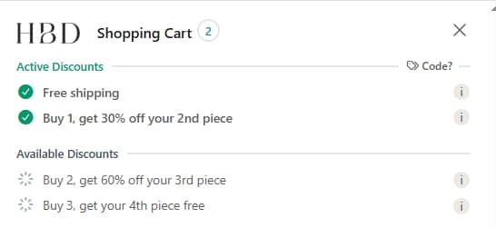 HBD Jewellery cart showing active bundle discounts and coupon savings
