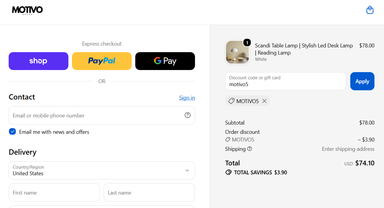Motivo Decor discount code cozy15 15% off checkout proof