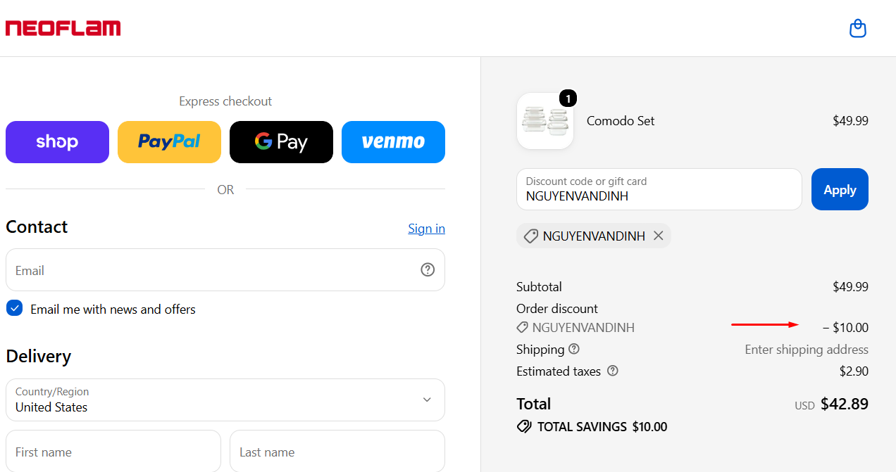 Neoflam discount code NGUYENVANDINH $10 off checkout proof