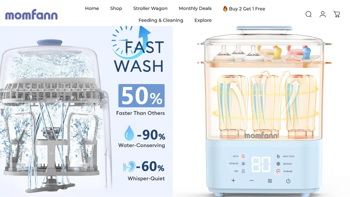 Momfann bottle cleaning setup comparison featuring bottle washer and sterilizer