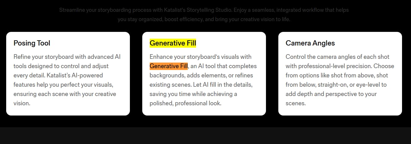Katalist AI creative control posing generative fill camera angles storyboard scenes