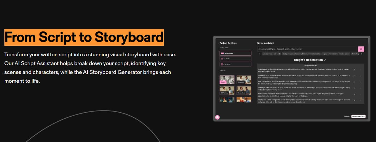 Katalist AI storyboard generator script to visual storyboard scenes