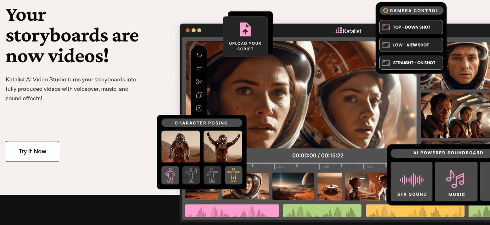 Katalist AI Video Studio storyboards into videos voiceover music sound effects