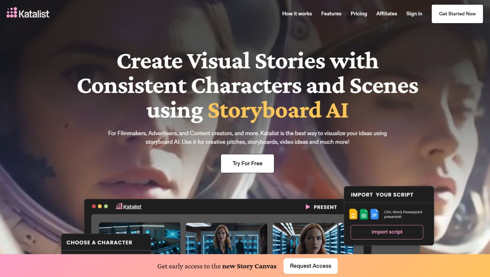 Katalist official homepage AI storyboard generator visual stories with consistent characters and scenes