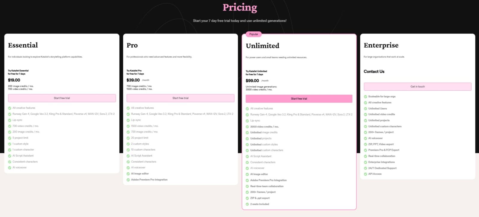 Katalist pricing Essential Pro Unlimited Enterprise plans