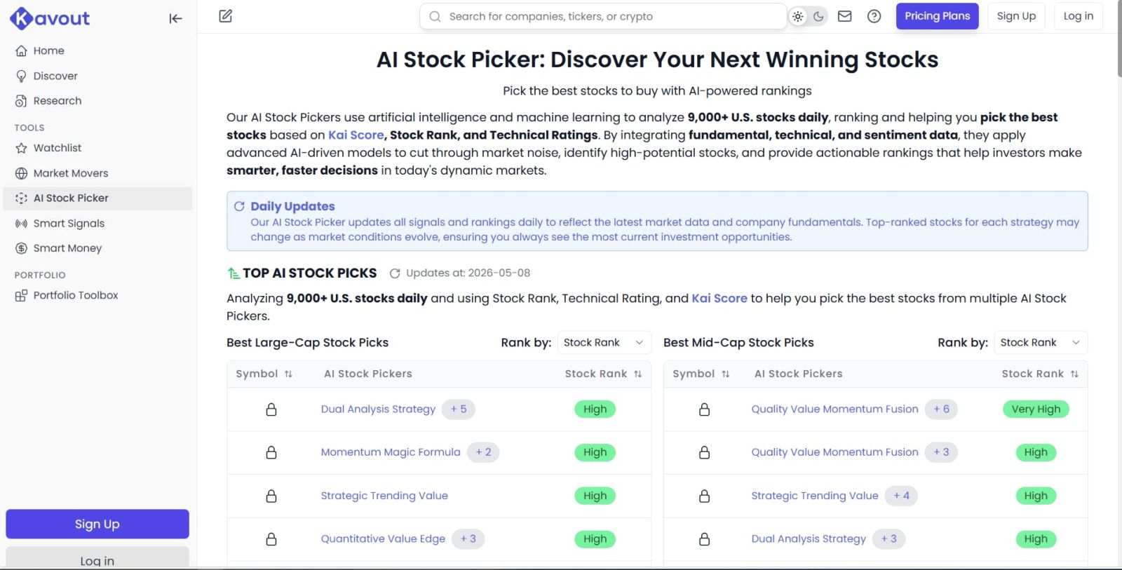 Kavout AI Stock Picker Greenblatt Lynch Piotroski ML strategies Quality Value Momentum