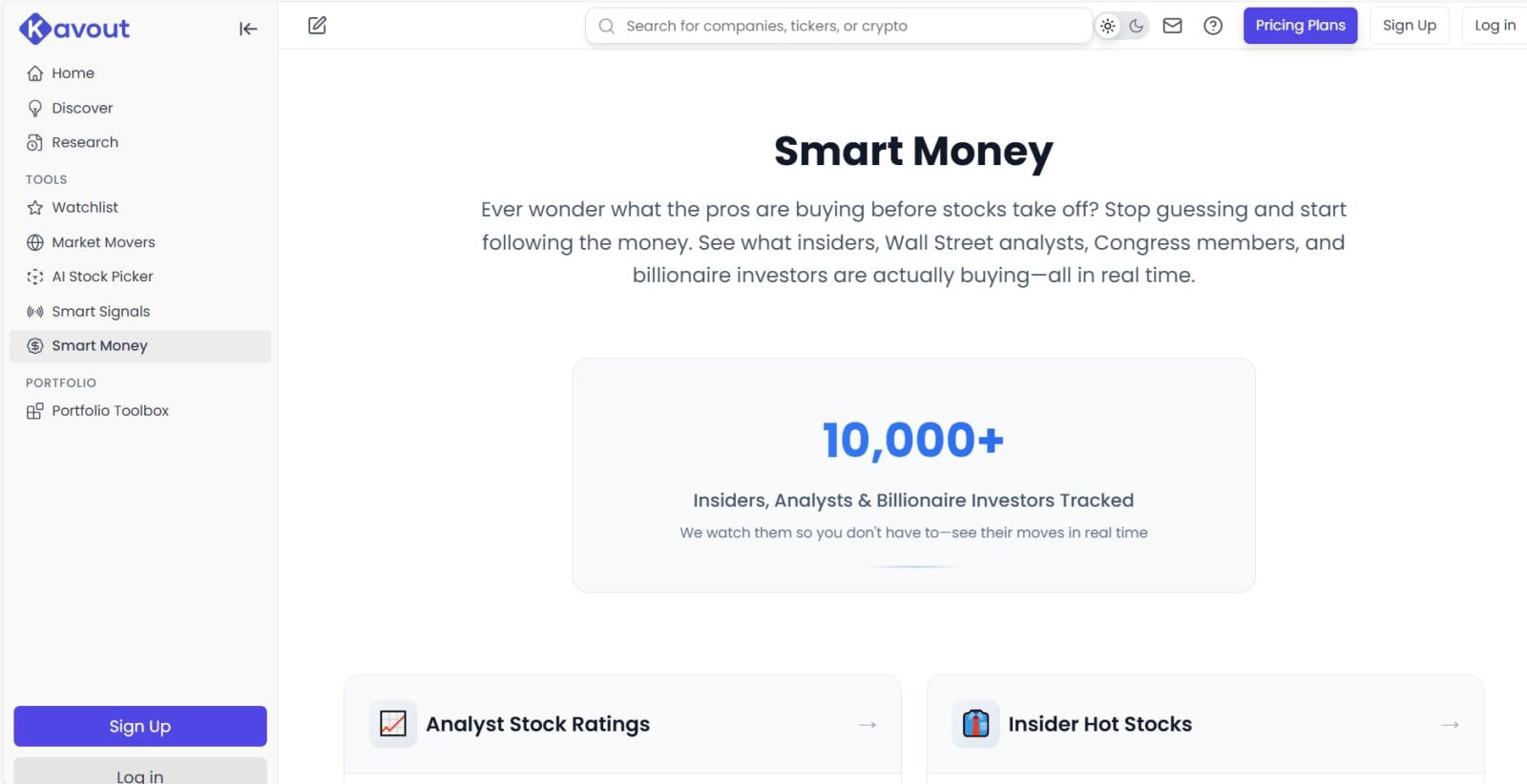 Kavout Smart Money Intelligence insider trades Congress trades billionaire holdings tracker
