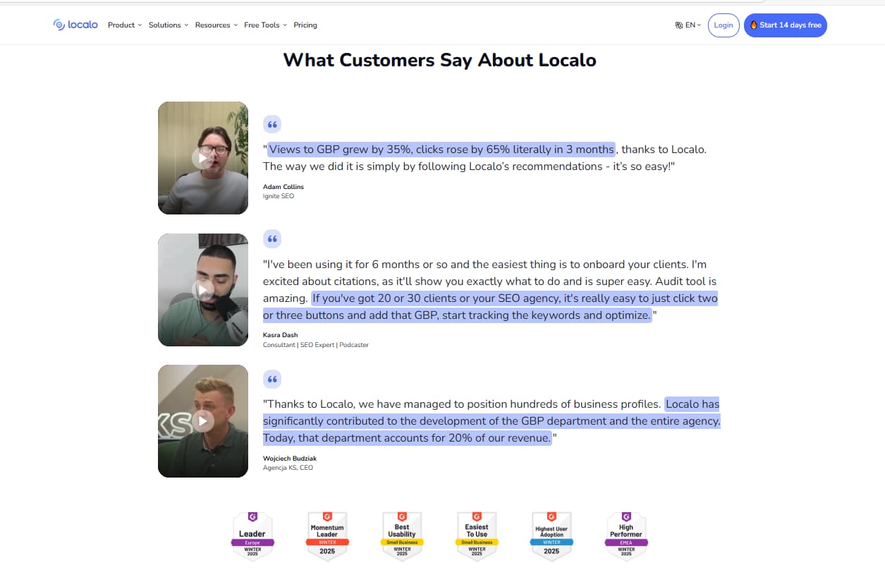 Localo customer testimonials and G2 badges from local SEO users