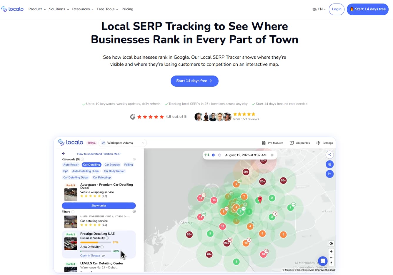 Localo local SERP tracking map for Google Business Profile keyword rankings