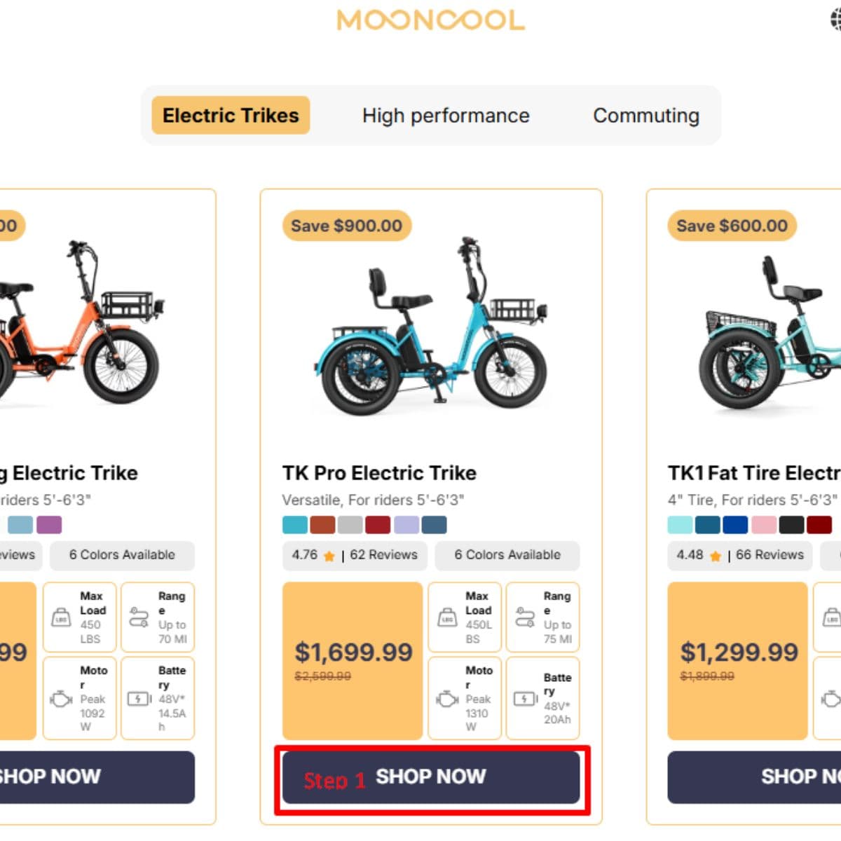 Step 1 choose Mooncool electric trike product