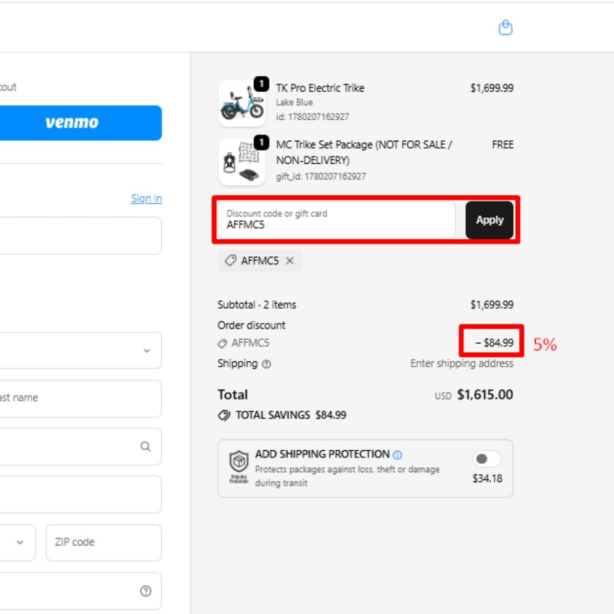 Step 3 confirm Mooncool 5 percent discount appears