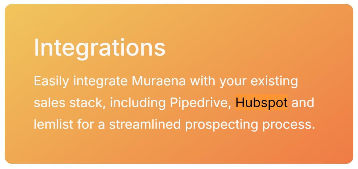 Muraena integrations with CSV Pipedrive HubSpot lemlist and sales prospecting workflow