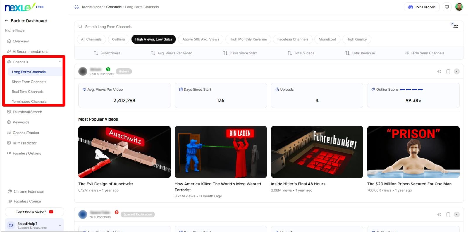 NexLev competitor channel analytics for YouTube