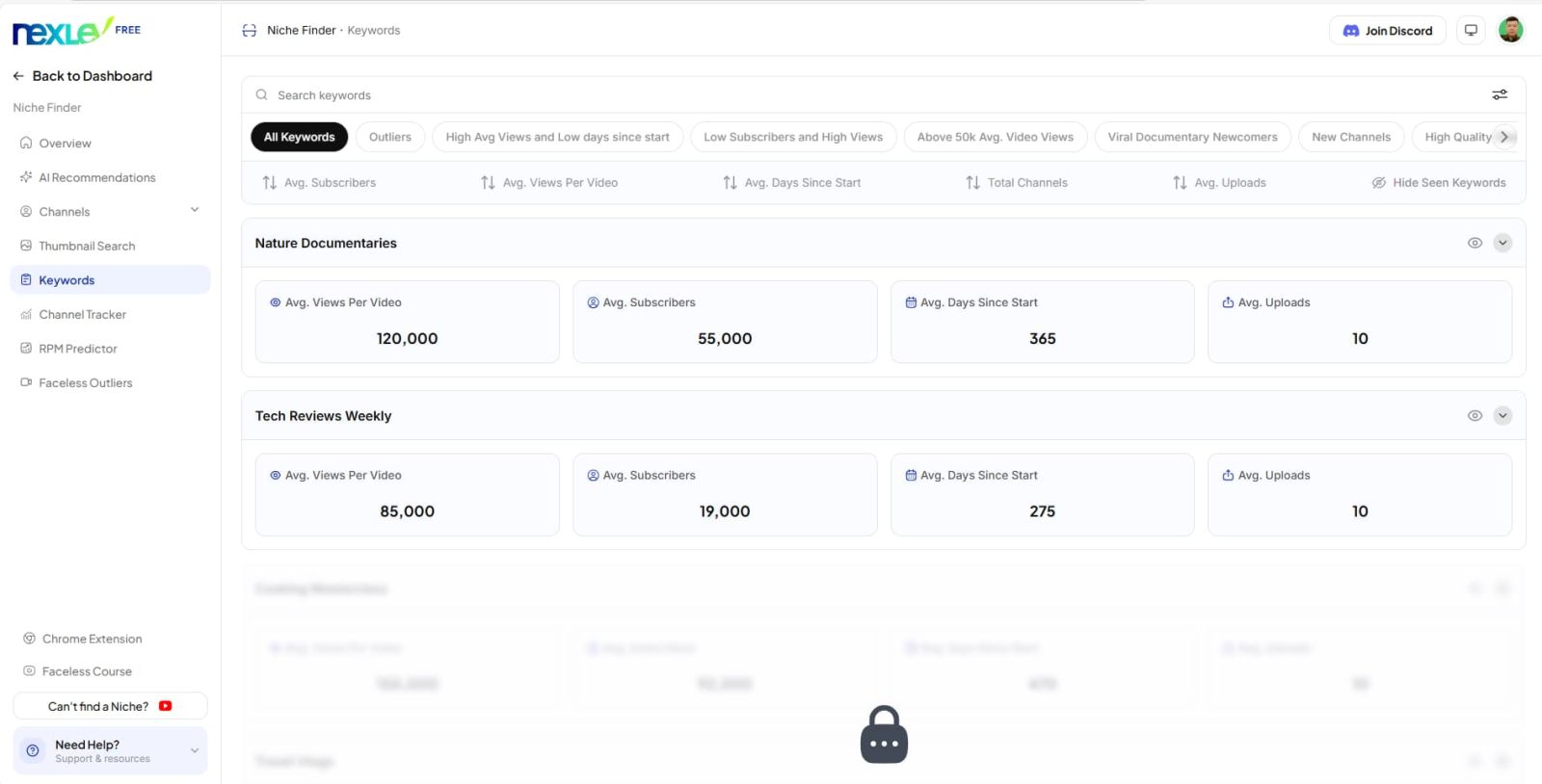 NexLev YouTube keyword research with search volume and competition data